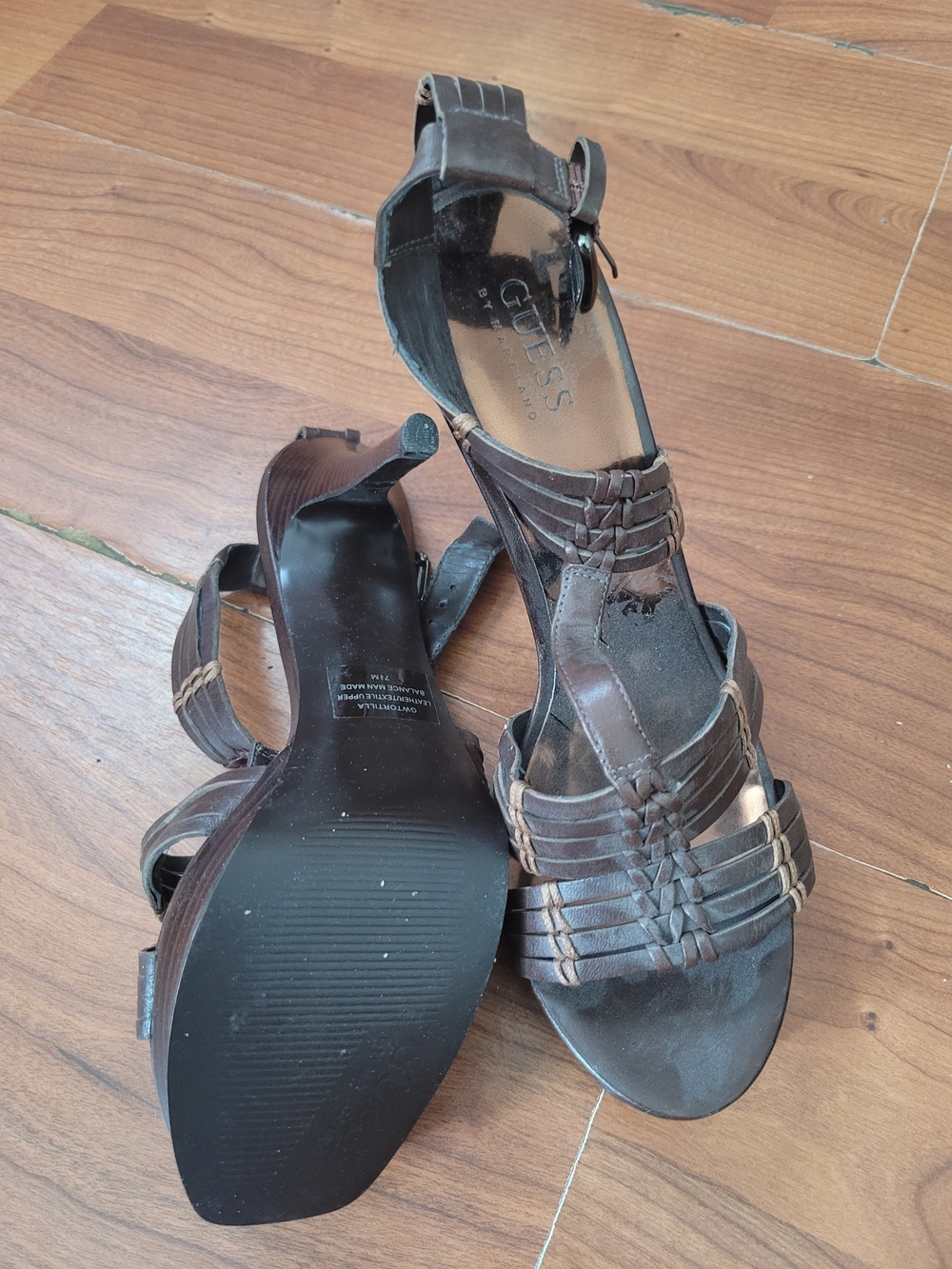 GUESS Brown Braided Leather T-Strap Heeled Sandals